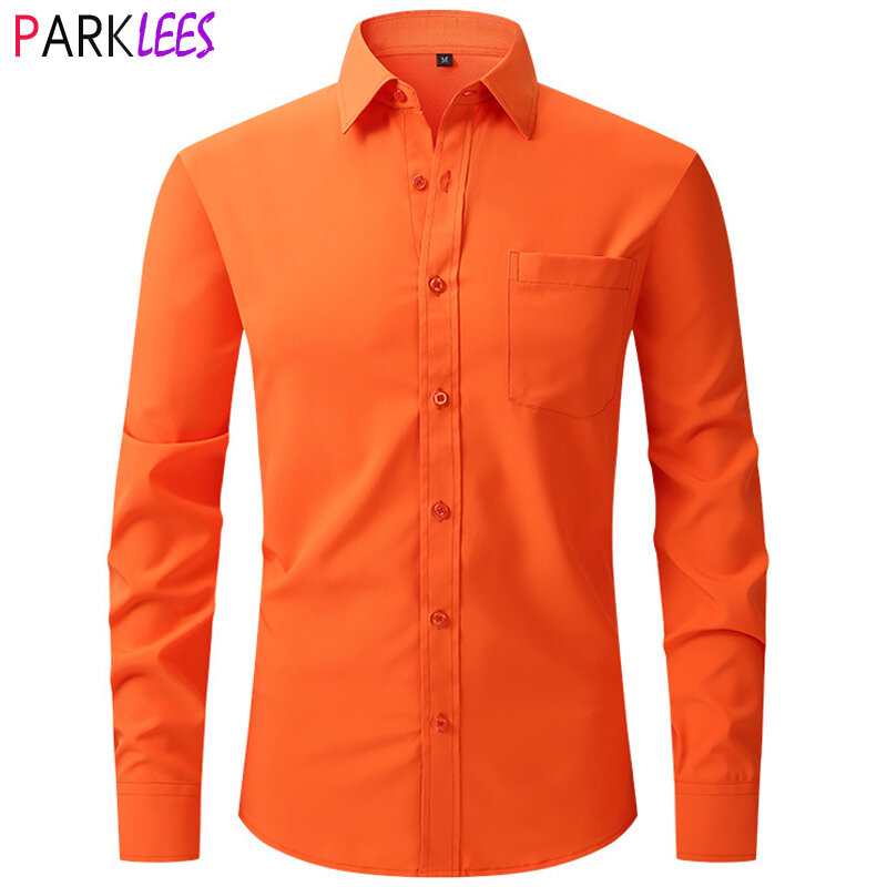 برتقالي تمتد فستان قميص الرجال 2023 العلامة التجارية الجديدة العادية صالح كم طويل زر أسفل قميص التجاعيد سهلة الرعاية قميص أوم 2XL