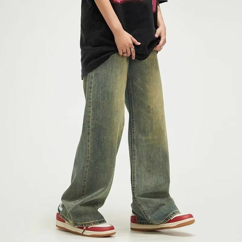 بنطلون جينز عتيق بأرجل واسعة للرجال ، ملابس الشارع الأنيقة والمريحة ، ملابس Y2K ، ملابس الموضة ، فضفاض ،