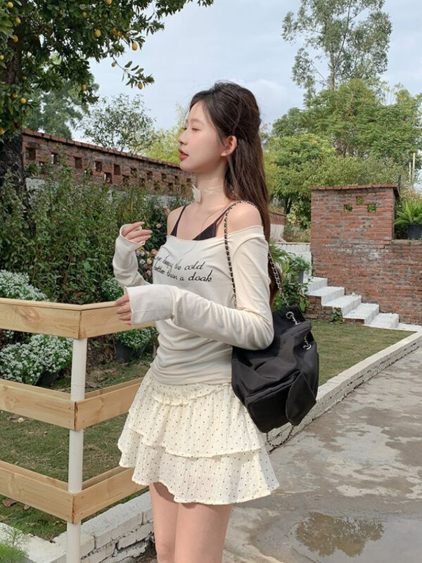 هوتشو-تنورات صغيرة نسائية مطبوعة بكشكشة على شكل نقطة ، ملابس الشارع الجميلة ، الأزياء الكورية ، خمر ، أنيقة ، كاواي ، Y2K ،