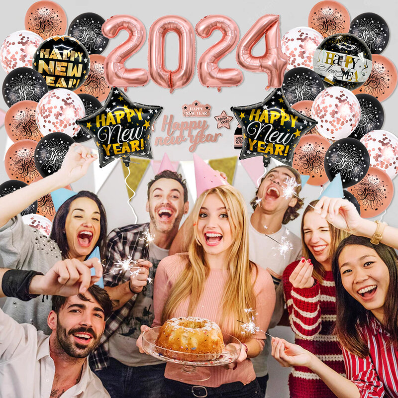 زينة السنة الجديدة السعيدة ، بالونات احباط ، لوازم الحفلات ، ليلة رأس السنة ، 2024