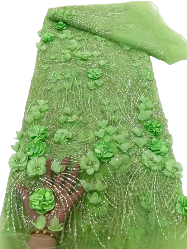 قماش دانتيل أفريقي مع حبات اللؤلؤ ، الترتر بالكامل ، تول ، أخضر ، فاخر ، مطرز ، زفاف ، جودة عالية ، 5 ياردات ،