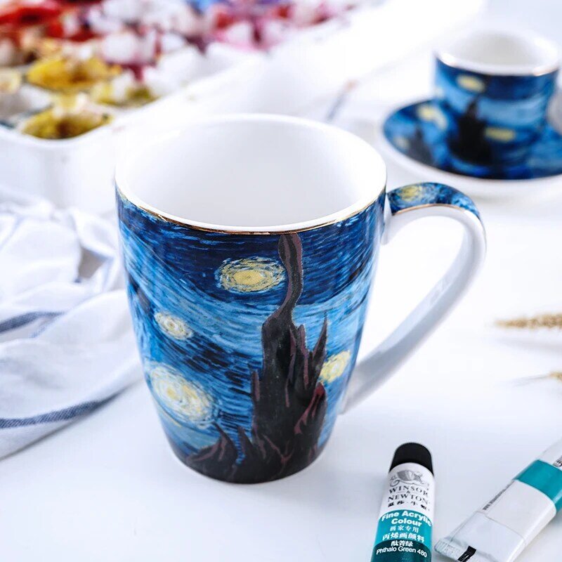 فان جوخ العالم الشهير النفط اللوحة ليلة النجوم الفني قهوة بالحليب بهلوان كابتشينو النار القدح لذيذ فنجان شاي Demitasse
