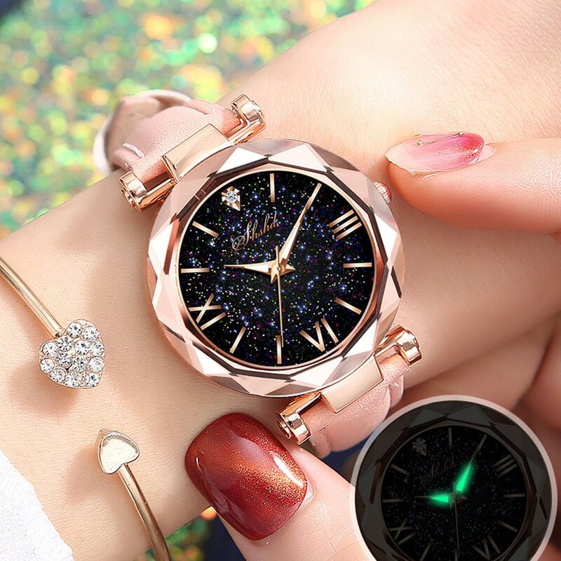 ساعة يد نسائية كاجوال من الجلد المصنفر ، ساعة يد بسيطة رائعة من الماس بالكامل ، أزياء عالية الجودة