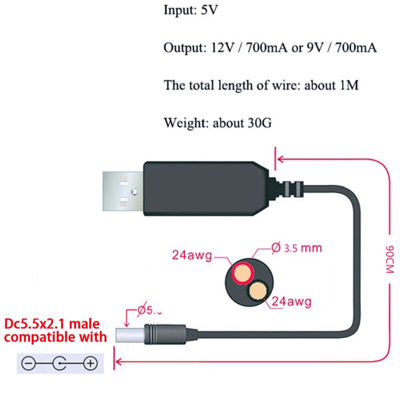 USB قوة تعزيز خط تيار مستمر 5 فولت إلى تيار مستمر 9 فولت/12 فولت تصعيد وحدة USB محول محول راوتر كابل 2.1x5.5 مللي متر التوصيل