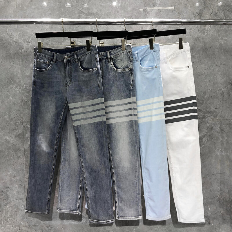 جديد كوريا موضة جينز علامة تجارية الرجال أربعة مواسم الجينز 4-bar مخطط مستقيم منتظم تمتد سراويل جينز الرجال مصمم
