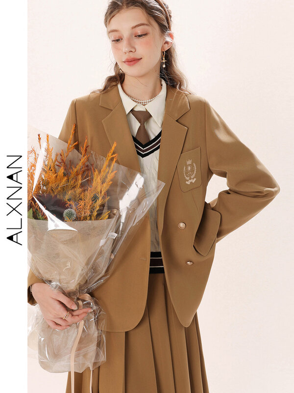 ALXNAN-الرجعية طقم من قطعتين للنساء ، سترة بصف واحد ، تنورة مطوي ، بدلة أزياء بنية اللون ، جديد ، الخريف ، ، TM00223