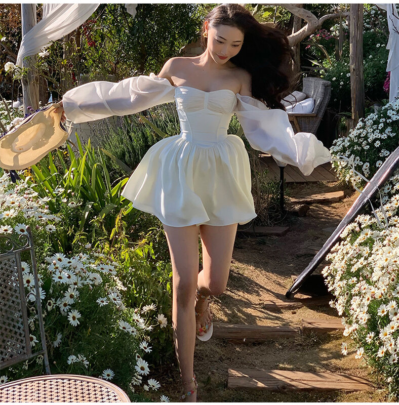 فستان أبيض الأكمام فقاعة الصيف تصميم جديد المتخصصة تنورة الأميرة النقية فتاة أنيقة حفلة موسيقية مثير خمر مساء المرأة Y2k