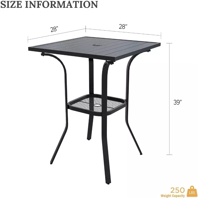 طاولة بار خارجية مع فتحة مظلة ، أثاث فناء ، طاولة معدنية مربعة الارتفاع ، طاولة مقهى بيسترو