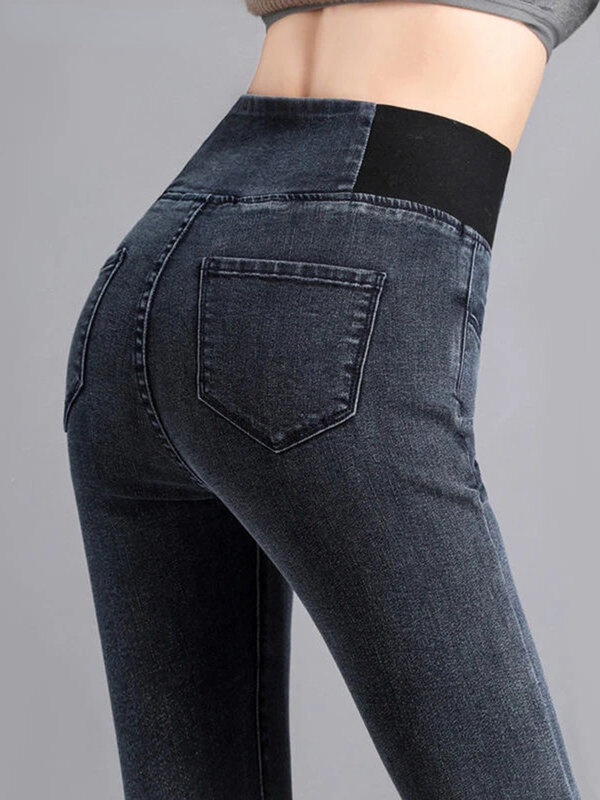 سروال جينز نسائي ضيق مرتفع الخصر غير رسمي ضيق مقاس كبير 38 من قماش الدنيم بنطلون سترتوير بنطلونات ضيقة مطاطية