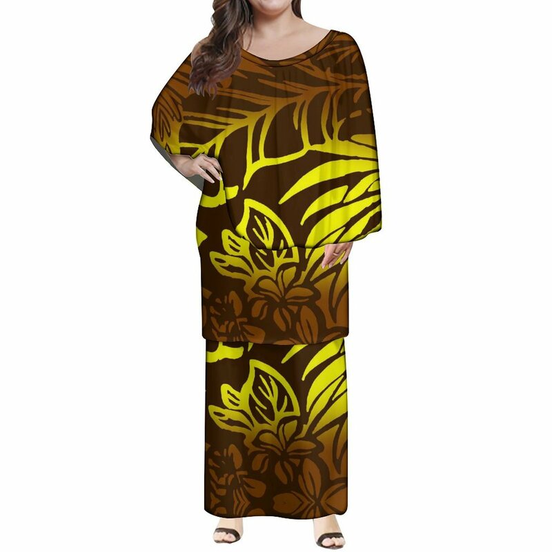 مجموعة تنورة طويلة طويلة للنساء ، طباعة قبلية بولينيزية مخصصة ، كشكشة كبيرة ، فستان ساموا ، جودة عالية