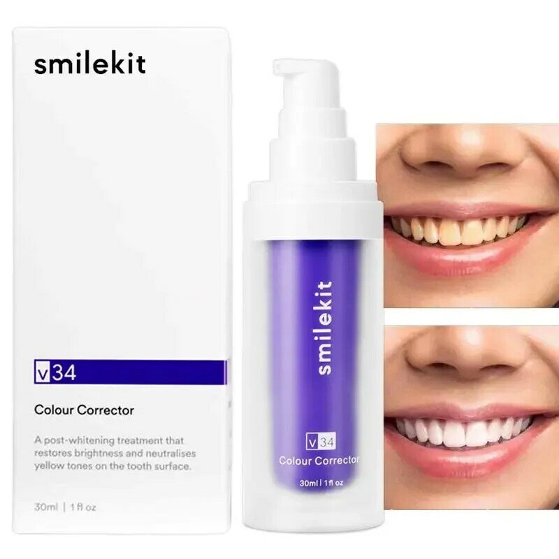 SMILEKIT-معجون أسنان مبيض أرجواني ، إزالة البقع ، تقليل الاصفرار ، العناية بلثة الأسنان ، تفتيح رائحة الفم الطازجة ، 30: 50: V34
