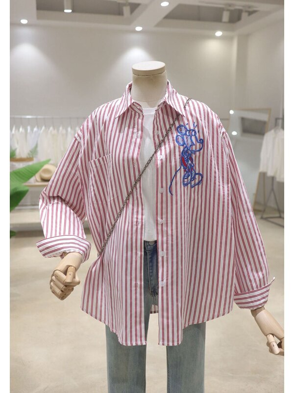 PotdemRay-قميص مخطط مريح بأكمام طويلة للإناث ، ملابس فضفاضة مطرزة برسوم كرتونية ، قطن للتنحيف ، بلوزات متناسقة بالكامل ، الربيع ،