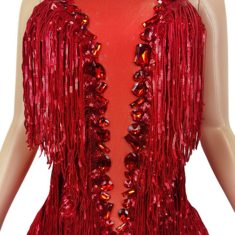 وميض أحمر الترتر هامش الراين شفافة ارتداءها امرأة مساء احتفال عيد زي راقصة يوتار Shuye