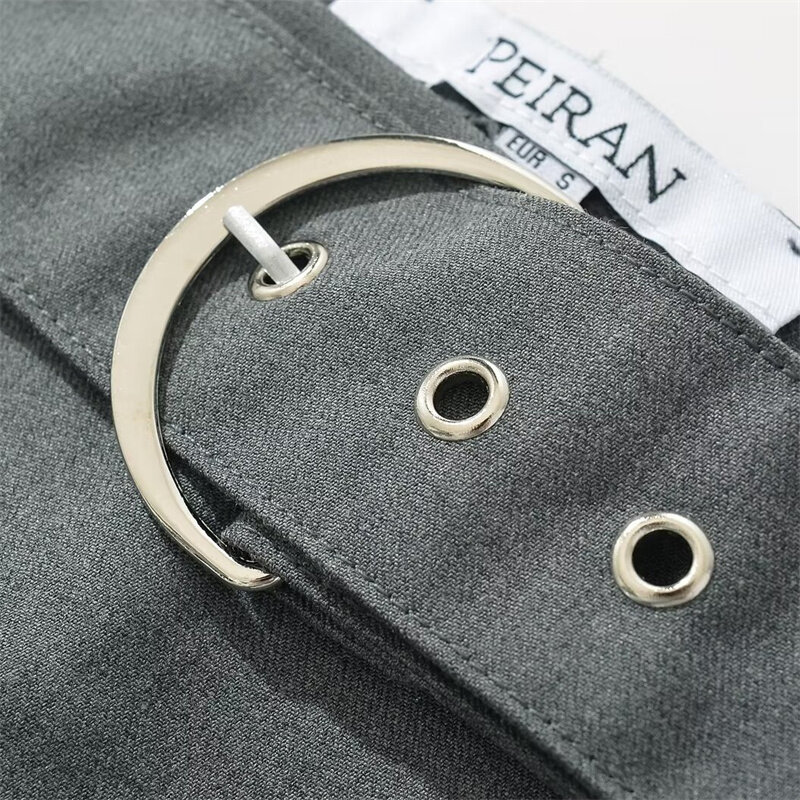 Keyanketian-تنورة نسائية صغيرة منخفضة الارتفاع مع زخرفة حزام ، تنورة قصيرة مثيرة رمادية ، ساخنة وحلوة ، إطلاق جديد ، Y2K ،