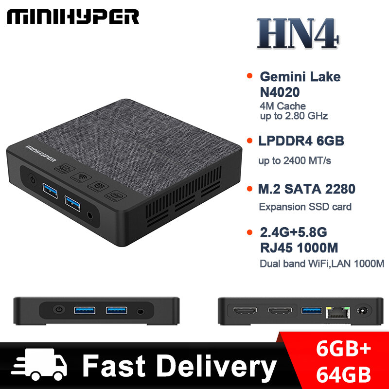 Miniهايبر HN4 كمبيوتر مصغر إنتل جيميني بحيرة N4020C وحدة المعالجة المركزية 6GB LPDDR4 64GB EMMC USB3.0 HDMI الصوت جاك HP & MIC 3.5 مللي متر RJ45 1000M