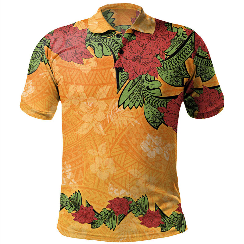 قميص بولو بنمط بولينيزي للرجال ، طباعة ثلاثية الأبعاد ، الكركديه ، زهور بلوميريا ، أكمام قصيرة ، قمصان هاواي بأزرار فضفاضة