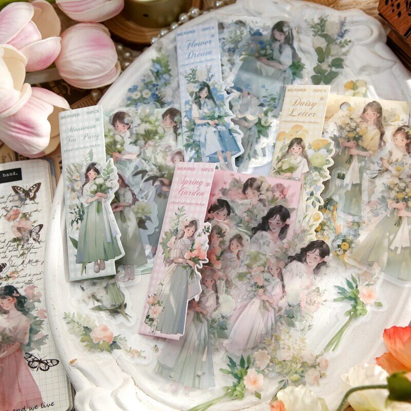 ملصقات زهور من كلوريد البولي فينيل للفتيات ، سلسلة لطيفة ، زخرفة جميلة ، 8 علب لكل مجموعة