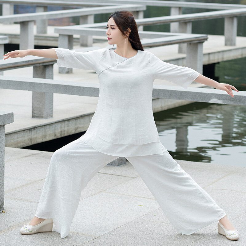 White Simple Solid Zen Casual Set Clothing Women Long Top Wide Leg Pants Two Pieces Chinese Styles Vintage Ethnic Style Harajuku
