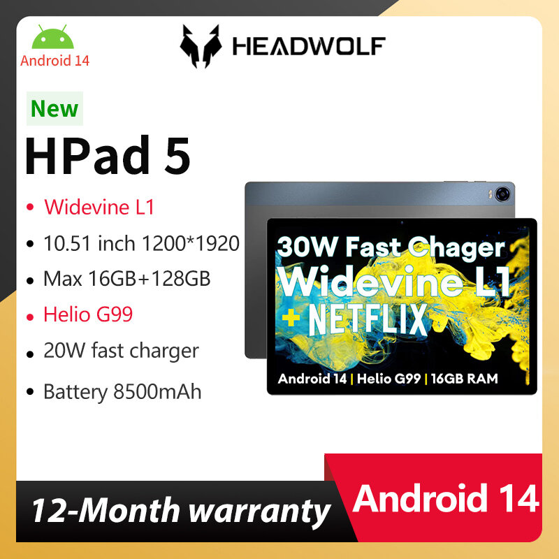 Headwolf HPad 5 جهاز لوحي أندرويد 13 بشاشة 10.5 بوصة بحد أقصى وذاكرة وصول عشوائي 16 جيجابايت وذاكرة قراءة فقط 128 جيجابايت مزود ببطارية هاتف لاسلكي L1 وبطارية 8500 مللي أمبير/ساعة وكاميرا 8 ميجابكسل + 20 ميجابكسل
