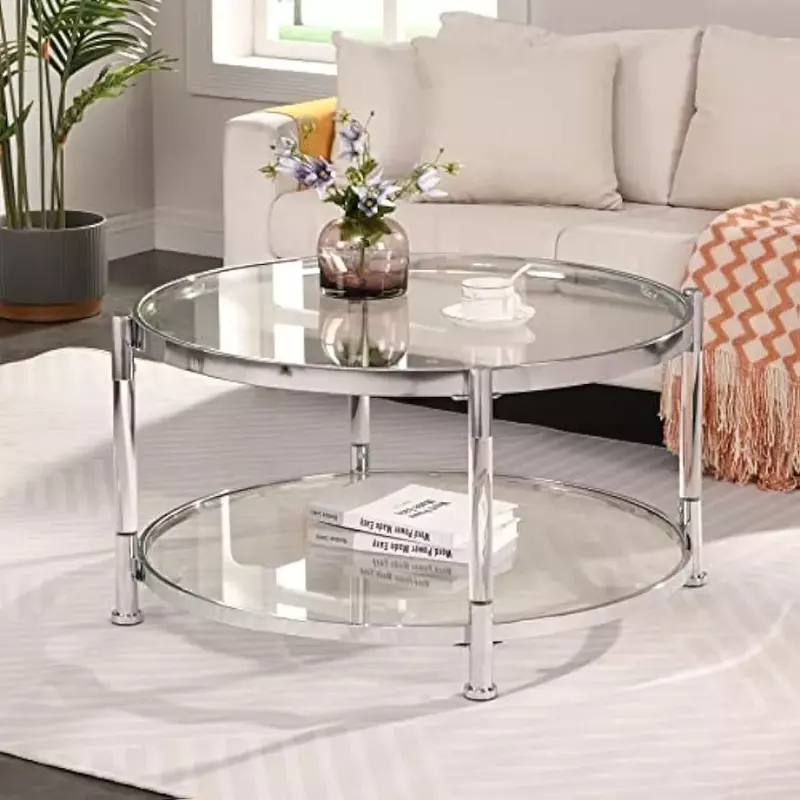 طاولة قهوة مستديرة من الزجاج المقسى ، أرجل أكريليك حديثة ، دائرة مع سطح زجاجي شفاف للتخزين ، طاولة مركزية دائرية