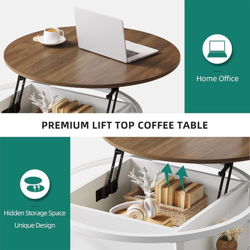 طاولة قهوة مستديرة أعلى رفع لغرفة المعيشة مع تخزين ، طاولات قهوة بنية وبيضاء ، تخزين