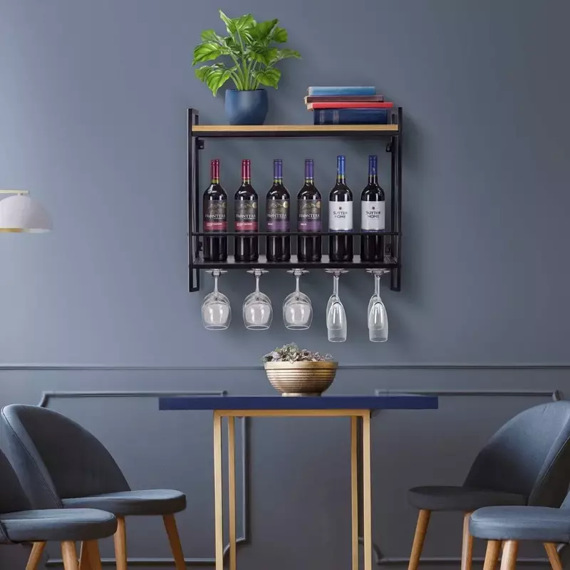 رف نبيذ خشبي مثبت على الحائط ، رفوف نبيذ مع 5 ساق ، حاملات زجاج ، مستويين