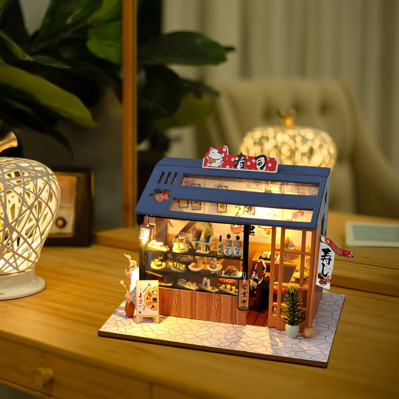 متجر سوشي ياباني لتقوم بها بنفسك دمية مصغرة مع الأثاث المنمنمات السوشي منزل دمية لعب للأطفال هدايا الفتيات