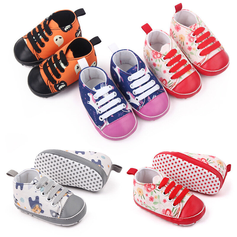 جديد طفل حذاء رياضة الكرتون الطباعة الرضع الدانتيل متابعة الأولى ووكر الأحذية الوليد القطن عادية لينة وحيد العنصر ل 0-1 سنة