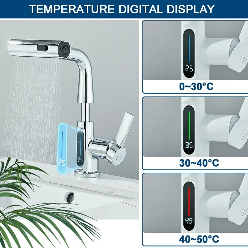 صنبور حوض بشاشة رقمية للحمام ، تيار شلالي قابل للسحب ، بخاخة ثلاثية الاتجاه ، خلاط حوض المياه الساخنة والباردة ، صنبور غسيل