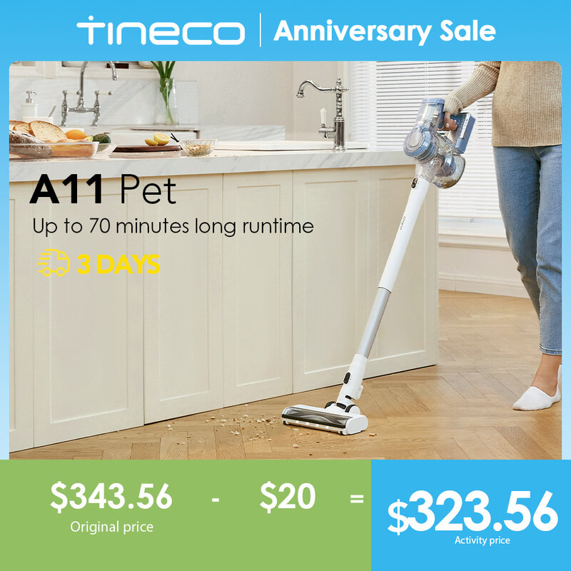 Tineco-A11 خفيفة الوزن المحمولة عصا لاسلكية فراغ ، وقت تشغيل طويل ، شفط قوي ، السجاد والأرضية الصلبة ، Pet Ex