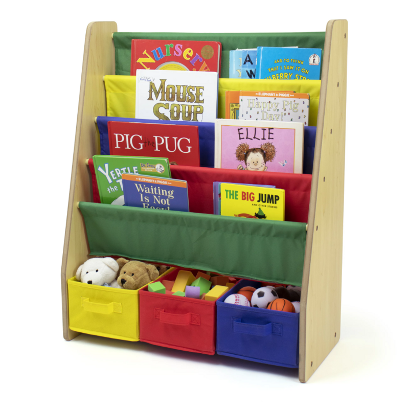 خزانة كتب للأطفال مع 4 رفوف و 3 صناديق قماش ، خشب طبيعي/أساسي