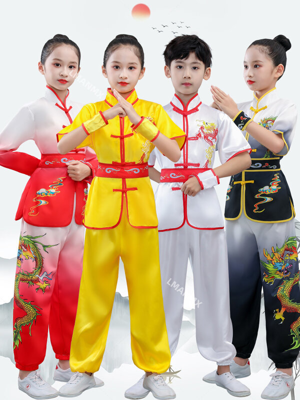ملابس تاي تشي ووشو الصينية للأطفال ، بدلة فنون الدفاع عن النفس ، زي الكونغ فو ، وينج شون شاولين تنين مطبوع ، طقم كونغفو خمر