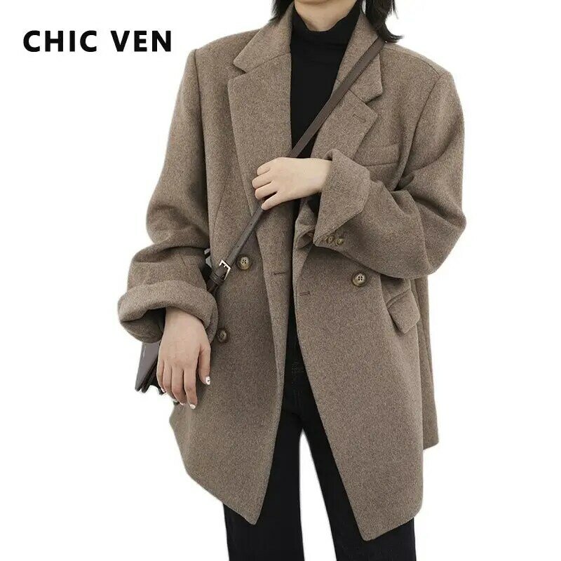 CHIC VEN-معطف نسائي متوسط الطول من الصوف المخلوط ، سترة صوفية ، بلوزة سميكة دافئة ، معطف نسائي ، قطع علوية للمكتب ، خريف ، شتاء