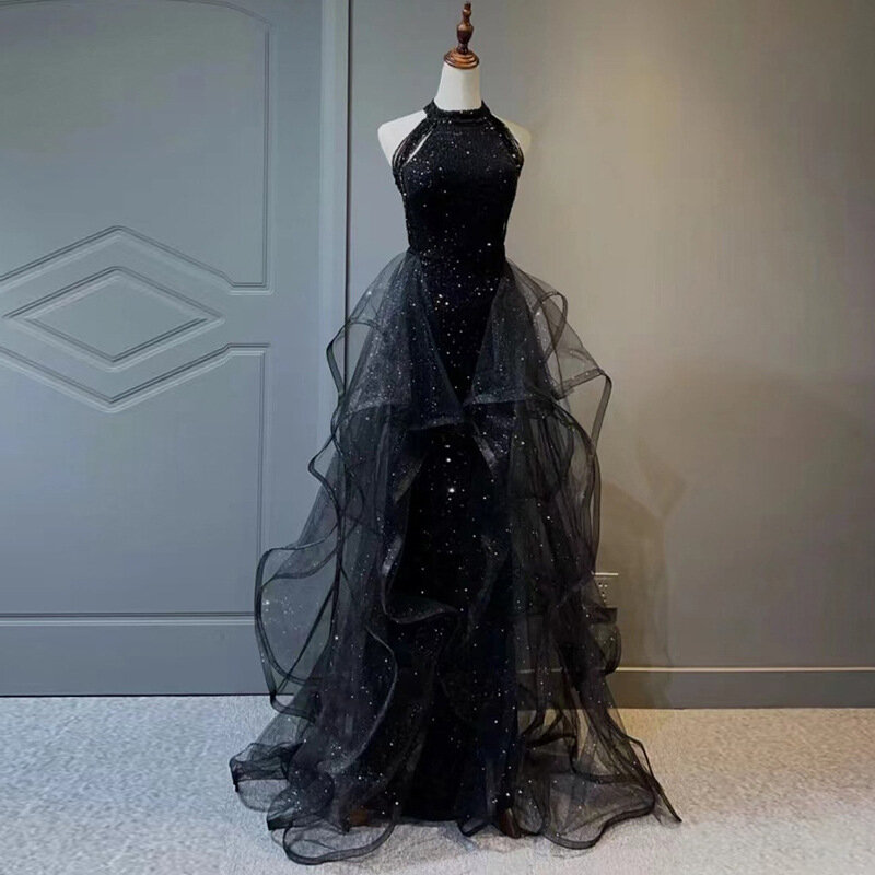 فستان سهرة مزين بالترتر شبكي أسود ، بحمالة رقبة مثيرة ، ثوب بدون حمالات ، حفلة موسيقية رسمية ، حفل زفاف ، موضة