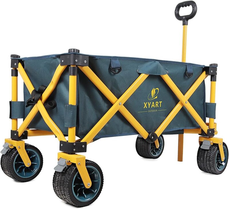 XYART-عربة خدمات قابلة للطي ، عربات مساعدة قابلة للطي ، خدمة شاقة للتخييم في الهواء الطلق ، حديقة شاطئ بعجلات كبيرة ، أخضر داكن وأصفر