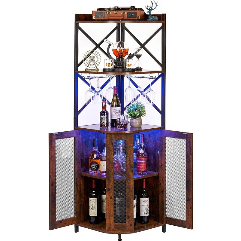خزانة بار زاوية صناعية مع أضواء ليد ، خزانة نبيذ مع حامل زجاجي ، رف قابل للتعديل ، 5 طبقات