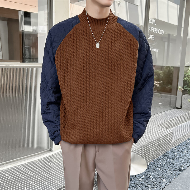 Cotton Sleeve Patchwork Warm Sweater/ Brand Men Autumn Winter Twisted Round Neck Loose Business Casual Raglan Sleeve Pullover