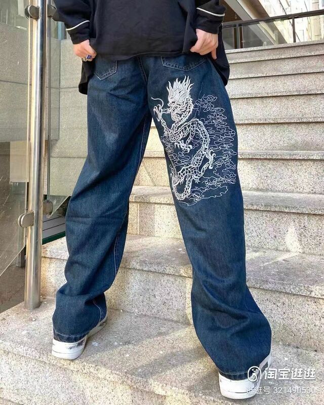 جينز مطرز على شكل تنين صيني مستقيم للرجال والنساء ، جاراكاز ، شباب الشوارع ، فضفاض ، مقاس كبير ، مغسول Y2K