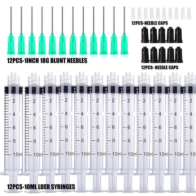 مجموعة المحاقن متعددة الوظائف ، إبرة طرف حادة مع قبعات ، حقنة زلة Luer ، قضيب الغراء ، 14 18 20 25GA ، 1 3 5 10 مللي ، 12 قطعة لكل مجموعة