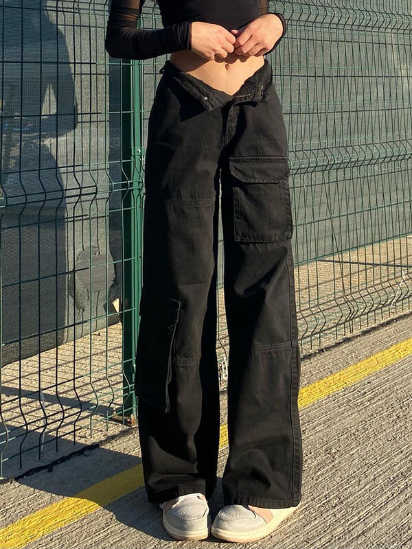 Rockmore الأخضر خمر فضفاض الجينز المرأة جيوب واسعة الساق السراويل البضائع الشارع الشهير عادية منخفضة الخصر الدنيم مستقيم بنطلون 2021