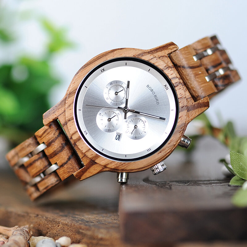 BOBOBIRD ساعة كوارتز بكرونوجراف له ولها الساعات الخشبية للزوجين ساعة اليد اليدوية مع التقويم مع علبة هدايا خشبية