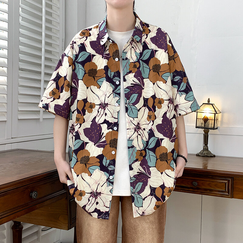 قمصان رجالية ذات طابع شخصي مطبوعة بأكمام قصيرة ، قميص بطية صدر كاجوال فضفاض ، لون متباين راقٍ ، موضة رجالية ، صيف ، جديد