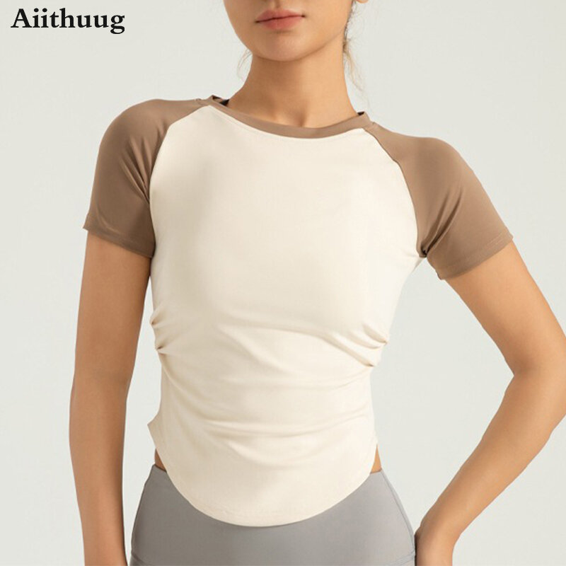 Aiithuug-قمم اليوغا مع شد الخصر وتأثير التخسيس ، تباين اللون ، مطوي ، ممارسة الرياضة ، اللياقة البدنية في الهواء الطلق ، التجفيف السريع