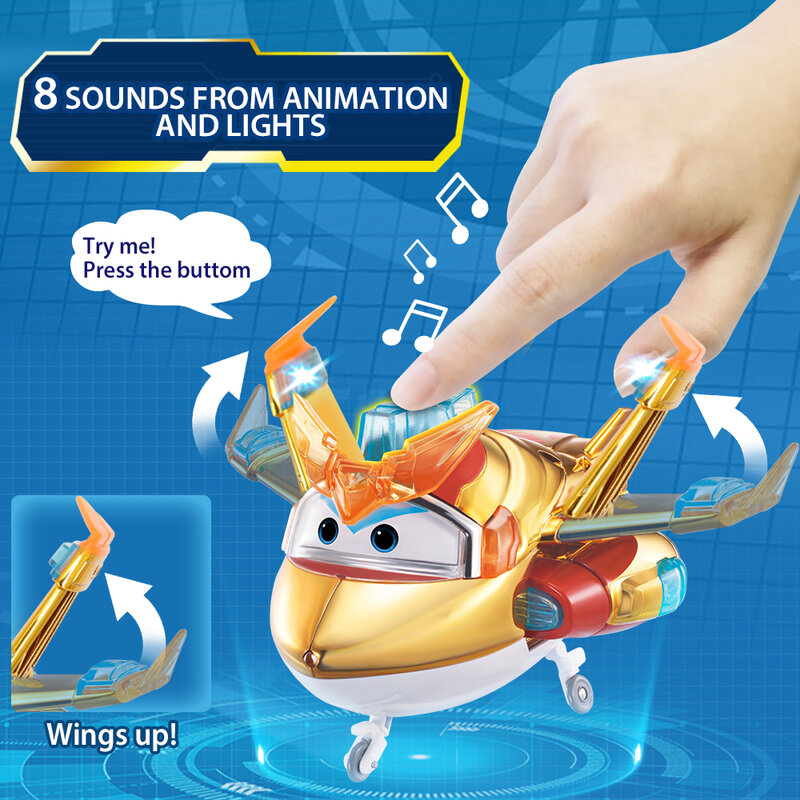 لعبة أطفال أنمي روبوت تحويل طائرة 2 إيماءات صوت خفيف سوبر وينغز 6 بوصات ديلوكس تحويل سوبر تشارجد الذهبي بوي مع ضوء الصوت