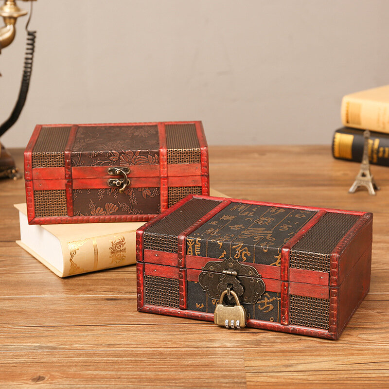 الرجعية صندوق تخزين سطح المكتب مجوهرات التجميل التشطيب مع قفل صندوق خشبي التصوير الدعائم صندوق تخزين خشبي