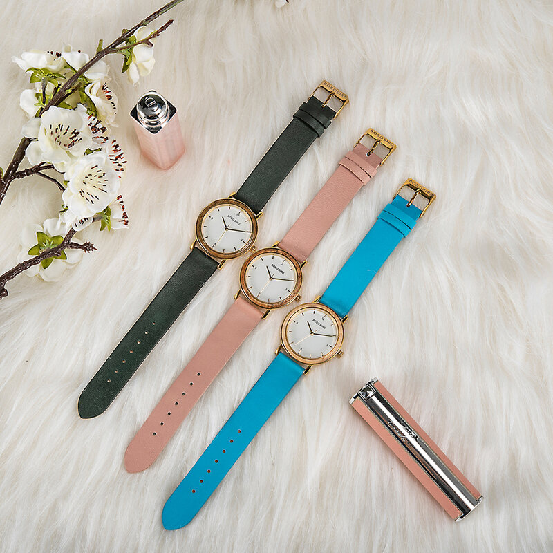 ساعة يد كوارتز للنساء Bobo bird مع حزام جلدي ، سوار خشبي ، للهدايا السنوية