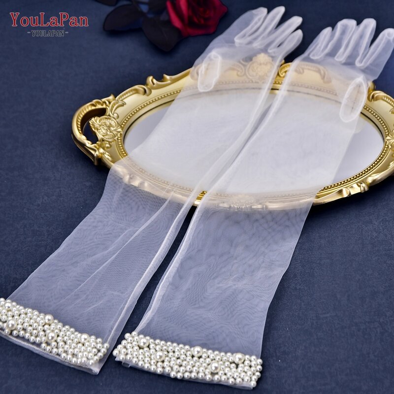 YouLaPan-قفازات زفاف من اللؤلؤ الشفاف ، قفازات زفاف من التل ، حفلة عزوبية ، طويلة فوق الكوع ، تصنعها بنفسك ، طقم واحد