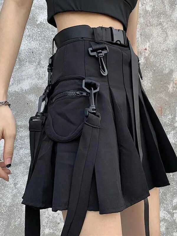 تنورة نسائية من QWEEK موديل Techwear ذات خصر مرتفع بتصميم هاراجوكو قوطي تنورة بطيات صغيرة زي نسائي أنيق