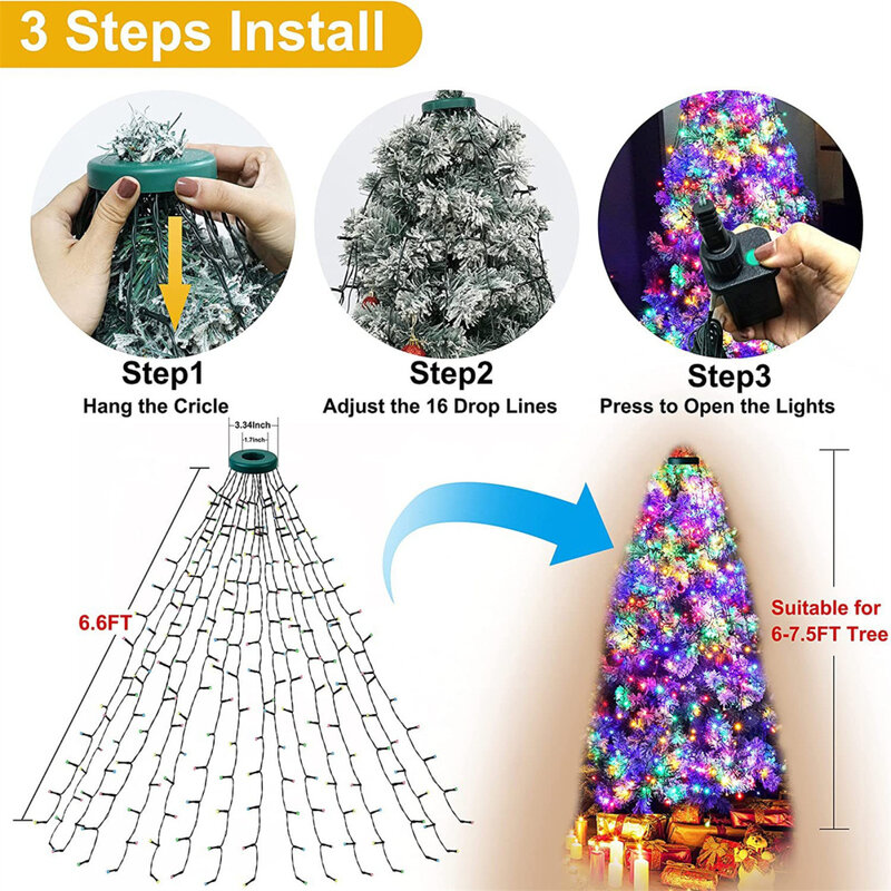 أضواء شجرة عيد الميلاد مع وظيفة الموقت ، التثبيت السريع للخارجية وداخل المنزل ، 8 طرق ، 400 المصابيح ، 5000K 6.6ft x 16 قطرة