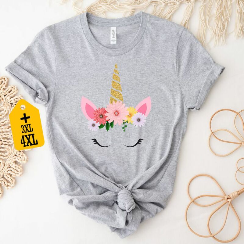 تي شيرت نسائي بزهور يونيكورن ، قميص هدية لطيف ، زي وحيد القرن ، تي شيرت لعيد الميلاد